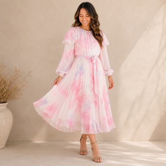 Ivy City Co Dresses & Skirts - Ivy City Co Lovers Dress S Pink White Chiffon Pleated‎ Long Sleeve Ruffle Midi